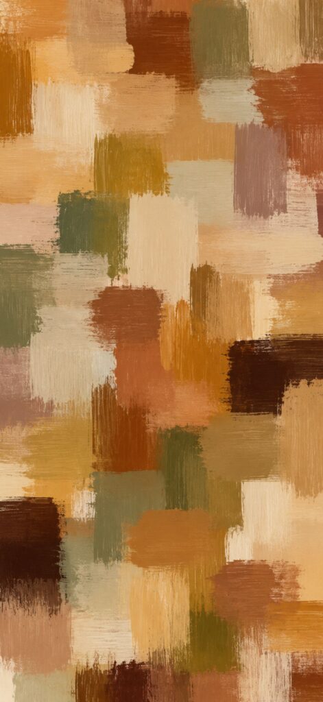 Abstract painting with overlapping brushstrokes in earthy tones of brown, orange, green, cream, and beige, creating a textured and warm patchwork effect.