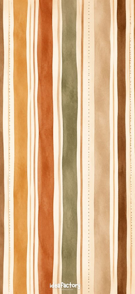 Vertical watercolor stripes in earthy tones of brown, orange, green, and beige, with a soft, hand-painted look. Some lines are solid, others are dotted. “Idea Factory” text appears at the bottom center.