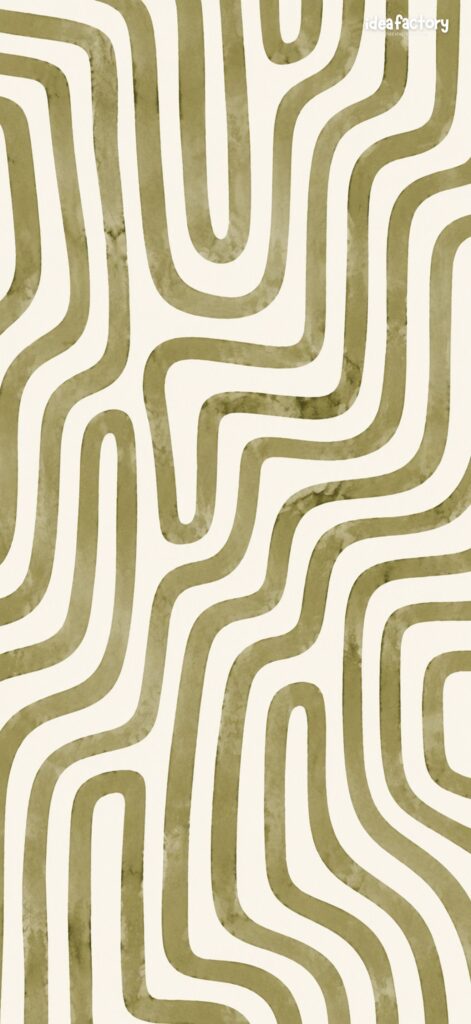 Abstract olive green wavy lines on a cream background form a maze-like, organic pattern. The word “ideafactory” is faintly visible in the top right corner.