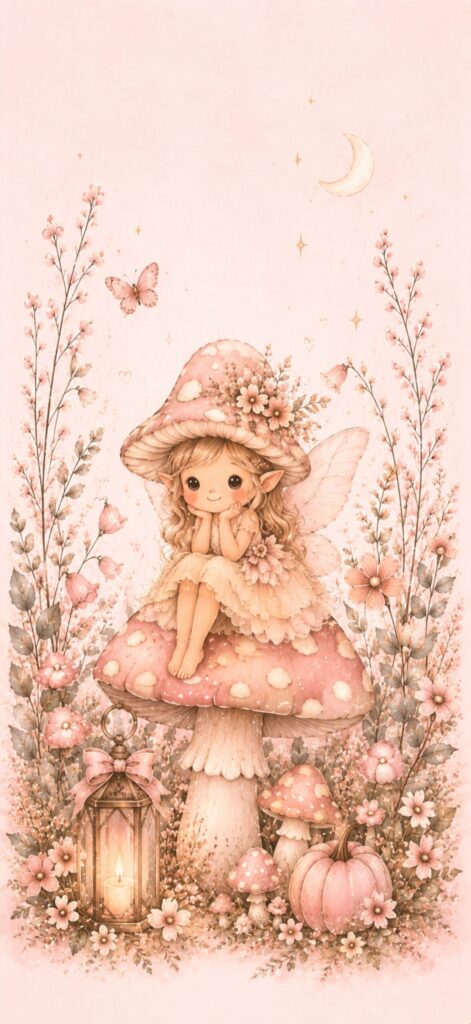 A cute fairy with wings sits on a pink mushroom, surrounded by flowers, a lantern, a pumpkin, and a crescent moon. The scene is whimsical with soft pastel colors and delicate details.