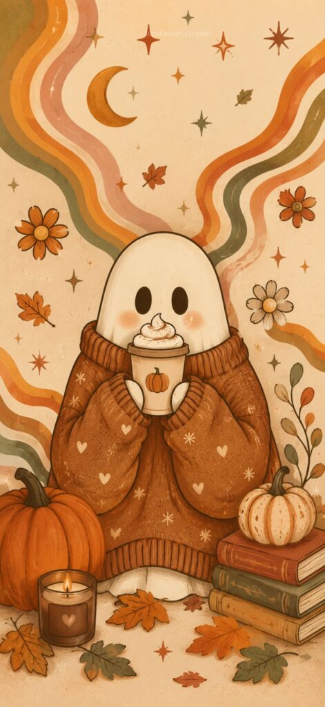 A cute ghost in a cozy sweater holds a pumpkin mug surrounded by autumn leaves, pumpkins, candles, and books. Retro rainbow stripes, stars, and flowers decorate the warm-toned background.
