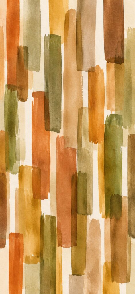 Watercolor pattern of vertical, overlapping rectangles in earthy tones of orange, green, brown, and beige on a textured off-white background. This abstract iPhone wallpaper features a soft, organic composition with a modern and artistic touch.