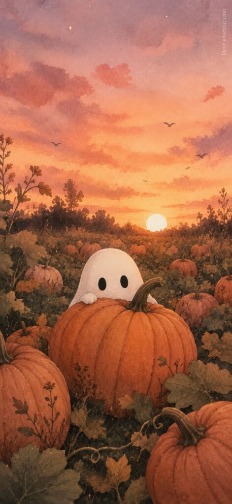 A cute ghost peeks out from behind a large pumpkin in a pumpkin patch at sunset, with a colorful sky and birds flying overhead.