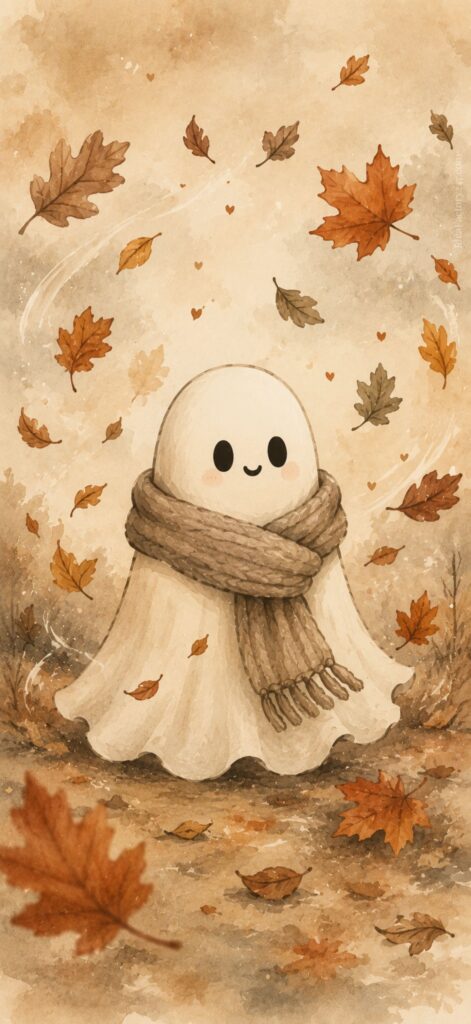 A cute ghost with a scarf smiles as autumn leaves swirl around. The background is warm, with brown and orange tones and small heart shapes scattered in the air.