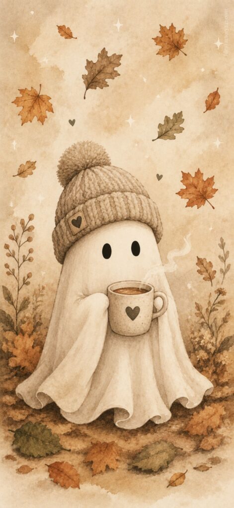 A cute ghost wearing a knit hat holds a steaming mug, surrounded by autumn leaves and small hearts on a beige background.