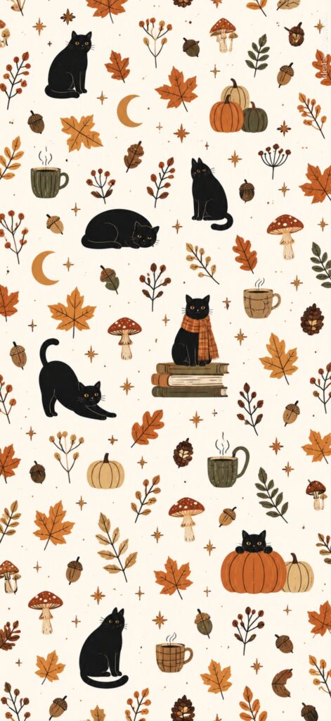 Pattern with black cats, pumpkins, autumn leaves, acorns, mushrooms, books, and mugs on a cream background; warm autumn colors throughout; whimsical, cozy design.