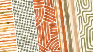 Five vertical panels show different abstract watercolor patterns in earthy tones, including stripes, dots, geometric shapes, and wavy lines, all in shades of orange, green, and beige.