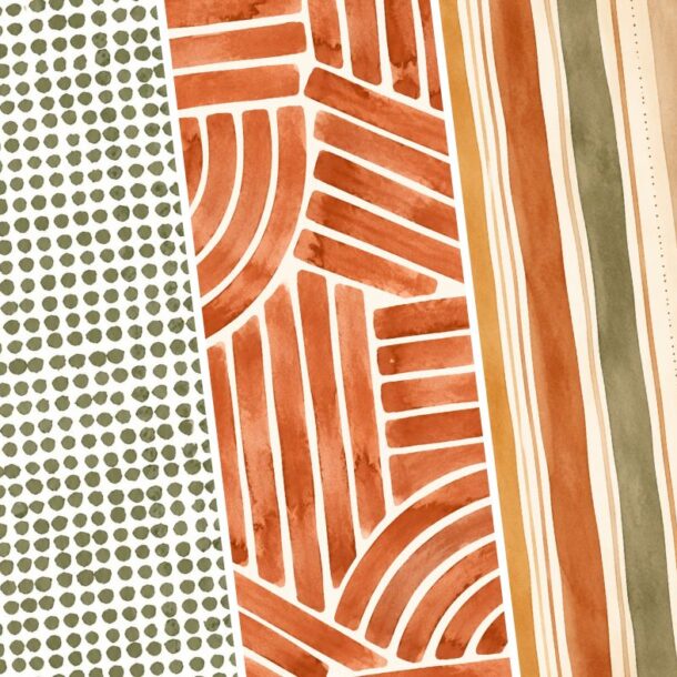 Five vertical panels show different abstract watercolor patterns in earthy tones, including stripes, dots, geometric shapes, and wavy lines, all in shades of orange, green, and beige.