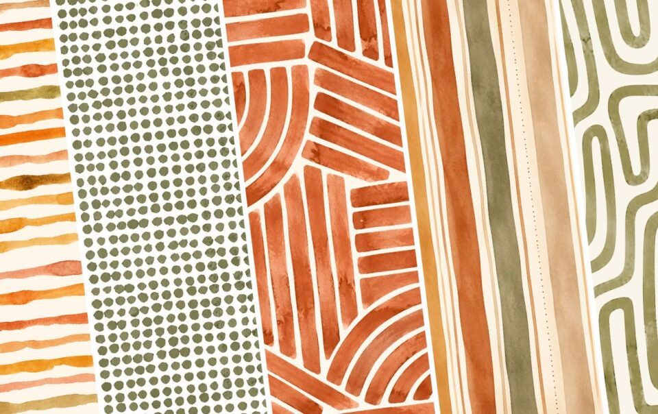Five vertical panels show different abstract watercolor patterns in earthy tones, including stripes, dots, geometric shapes, and wavy lines, all in shades of orange, green, and beige.
