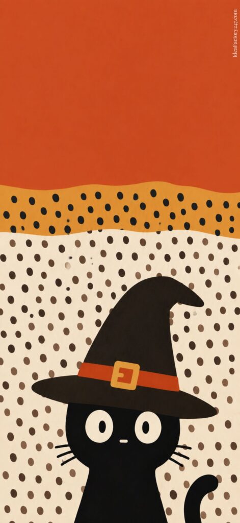 Cartoon black cat wearing a witch hat with a red band and gold buckle, standing against a polka dot background with orange and cream colors.