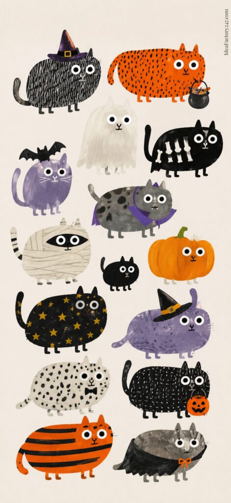 Illustration of 15 cartoon cats dressed in various Halloween costumes, including a witch, pumpkin, bat, skeleton, mummy, and ghost, with colorful and playful designs.