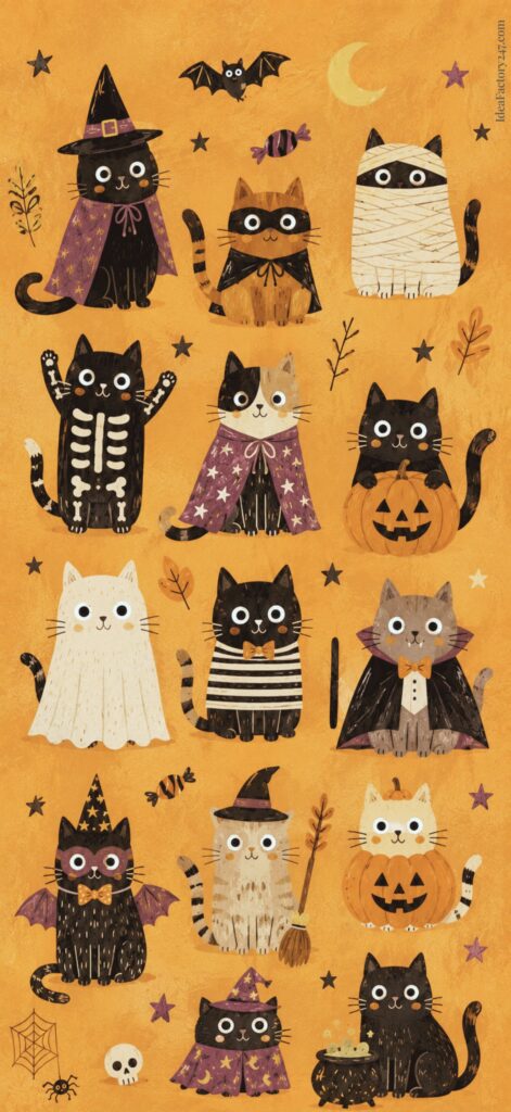 Twelve cartoon cats in various Halloween costumes, including witches, skeletons, pumpkins, ghosts, and bats, on an orange background with leaves, stars, a bat, and a crescent moon.