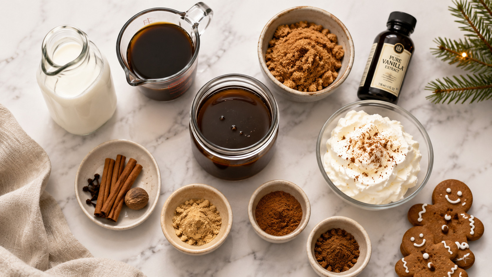A marble surface showcases gingerbread latte ingredients: milk, coffee, brown sugar, molasses, vanilla extract, whipped cream with spices, cinnamon sticks, cloves, nutmeg, ginger, ground cinnamon—plus gingerbread cookies and a pine branch.