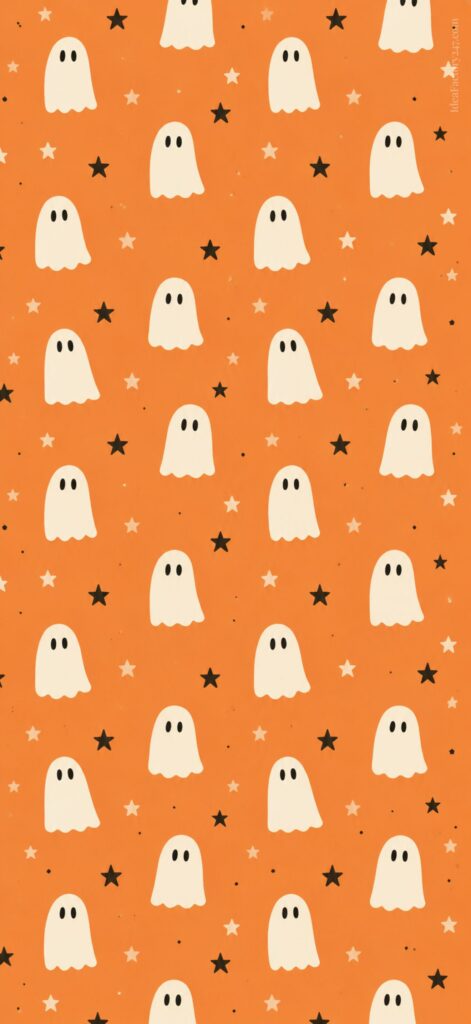 Cute ghost illustrations and black stars repeat in a pattern on an orange background, creating a playful Halloween-themed design.