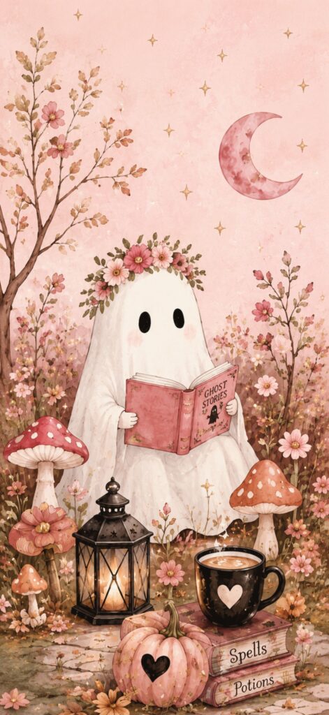 A cute ghost with a flower crown reads a book in a whimsical autumnal garden, surrounded by mushrooms, pumpkins, a lantern, a cup, spell books, and a crescent moon in the pink sky—perfect as a cute Halloween wallpaper.