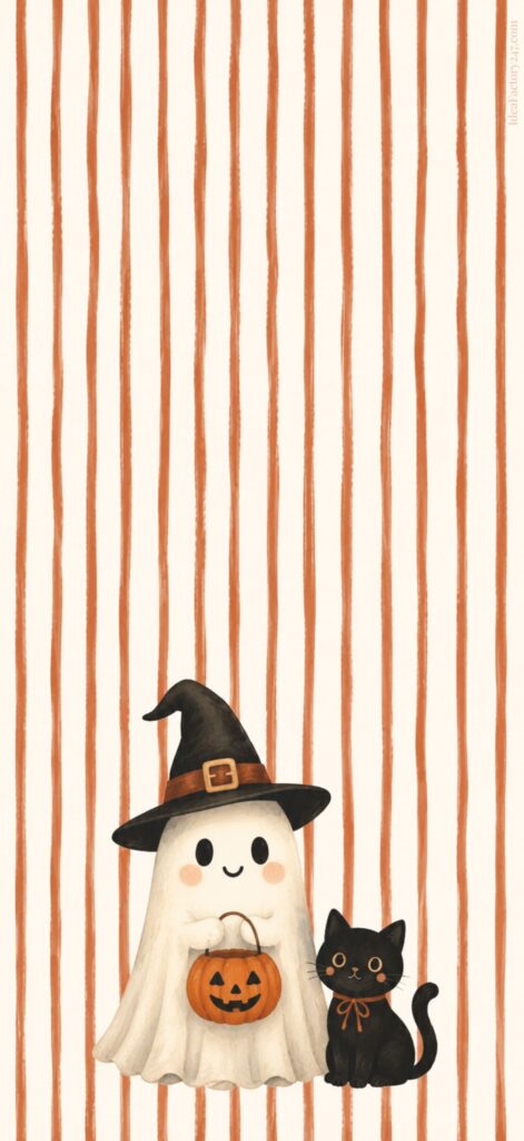 Cute ghost in a witch hat holding a pumpkin stands next to a black cat with an orange ribbon, against a background of vertical orange stripes on white.