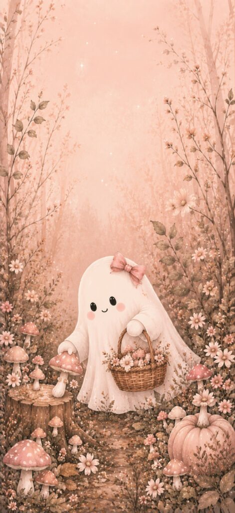 A cute ghost with a pink bow and basket gathers mushrooms in a whimsical, pastel forest filled with flowers, mushrooms, and pumpkins.