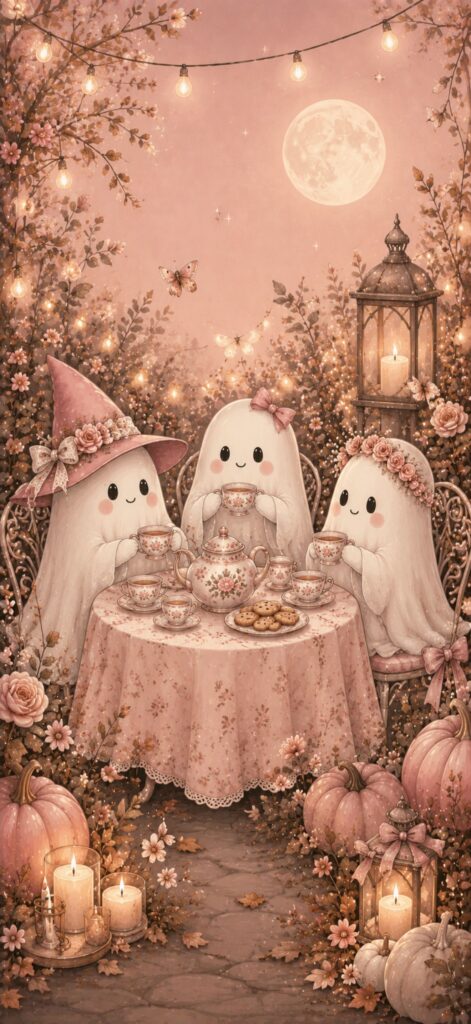 Three cute ghost characters have tea around a floral table outdoors at night. They wear a witch hat and flower crowns. The scene includes pumpkins, candles, cookies, fairy lights, and a full moon with a whimsical, autumnal pink tone.