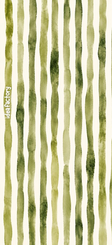 Vertical wavy green watercolor stripes on a light background, with the word idealFactory written vertically in white on the left side.