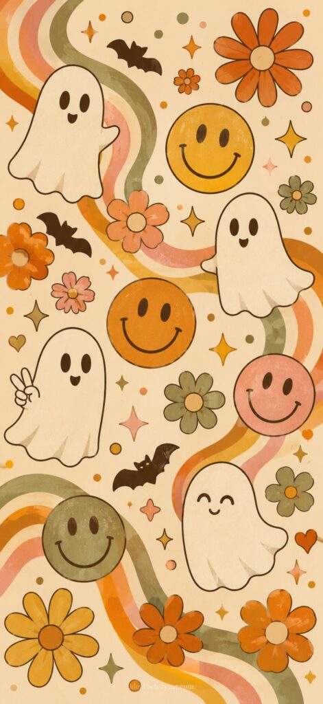 Cute cartoon ghosts, smiling faces, flowers, stars, and bats are scattered over a beige background with wavy retro stripes in orange, pink, green, and yellow tones, creating a fun and vintage Halloween vibe.