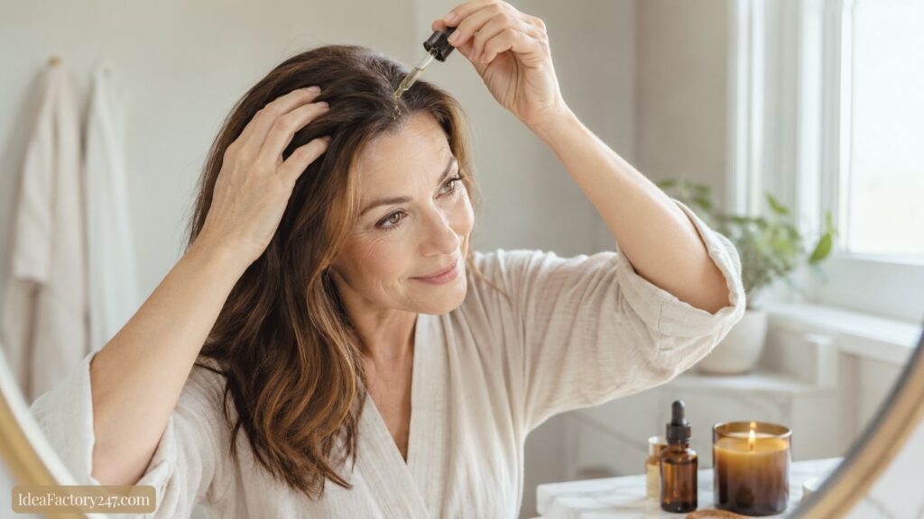 A woman applies rosemary hair oil for hair growth with a dropper to her scalp while looking in a mirror. She sits at a vanity with bottles, a candle, and a towel visible in a softly lit room.