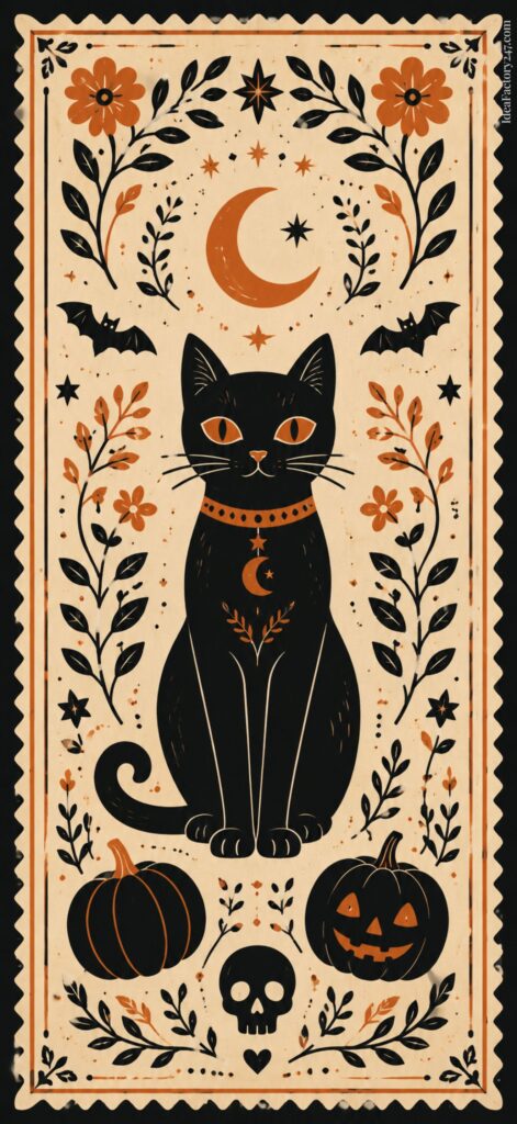 A black cat with a crescent moon collar sits surrounded by orange flowers, bats, a skull, pumpkins, and a jack-o’-lantern on a beige background with decorative borders.