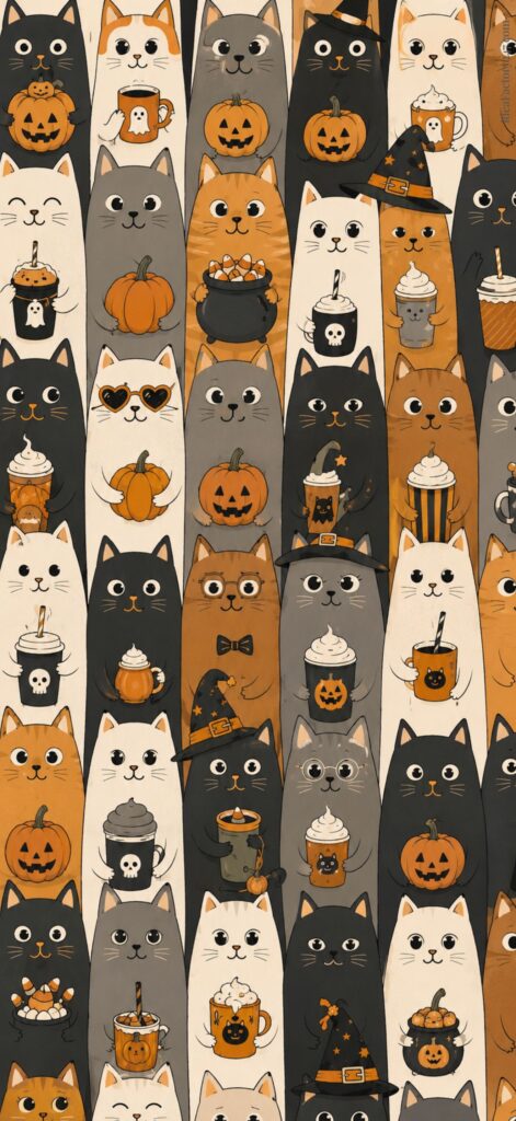 A seamless pattern of cute cartoon cats in Halloween costumes, holding pumpkins, drinks, and wearing witch hats. The colors are orange, black, gray, and cream, with festive Halloween decorations and treats throughout.