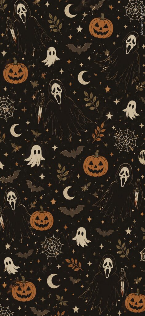 Halloween-themed pattern with ghost faces, jack-o-lanterns, bats, cobwebs, stars, crescent moons, leaves, and small white ghosts on a black background.