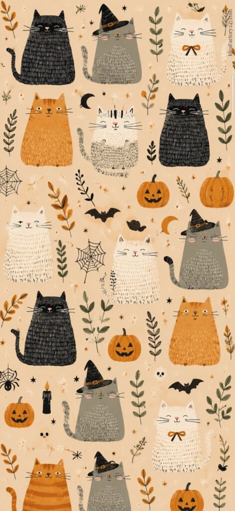 Pattern of illustrated cats in various colors, some wearing witch hats, surrounded by pumpkins, bats, spiderwebs, leaves, and stars on a beige background. The image has a whimsical, Halloween-themed design.