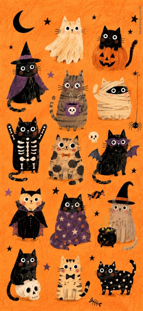 Twelve cartoon cats in Halloween costumes, including witches, skeletons, ghosts, and bats, sit against an orange background with stars, a crescent moon, spider, pumpkin, and skulls.