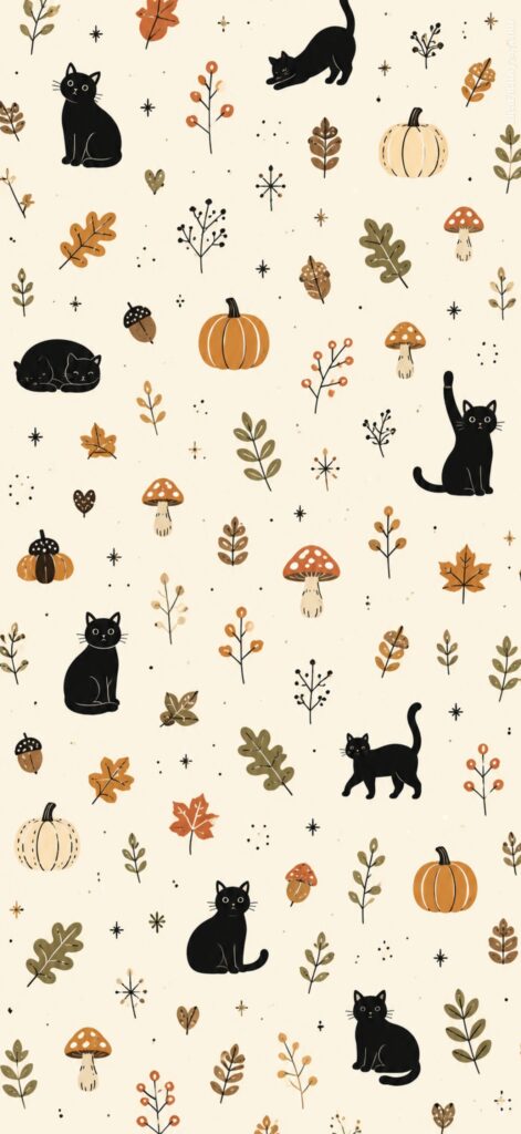 Pattern with black cats in various poses, pumpkins, mushrooms, autumn leaves, acorns, and small stars on a cream background. The colors are mainly black, orange, brown, and green, evoking a fall or Halloween theme.