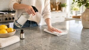 A person cleans a kitchen counter with a spray bottle and cloth. Lemons, a lavender essential oil bottle, and a towel are on the countertop. The kitchen is bright with natural light.