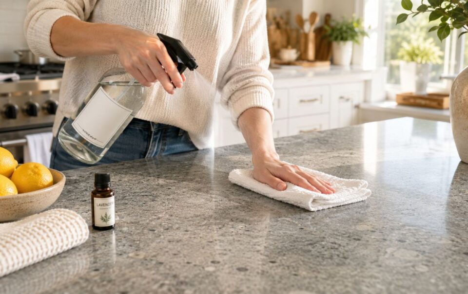 A person cleans a kitchen counter with a spray bottle and cloth. Lemons, a lavender essential oil bottle, and a towel are on the countertop. The kitchen is bright with natural light.