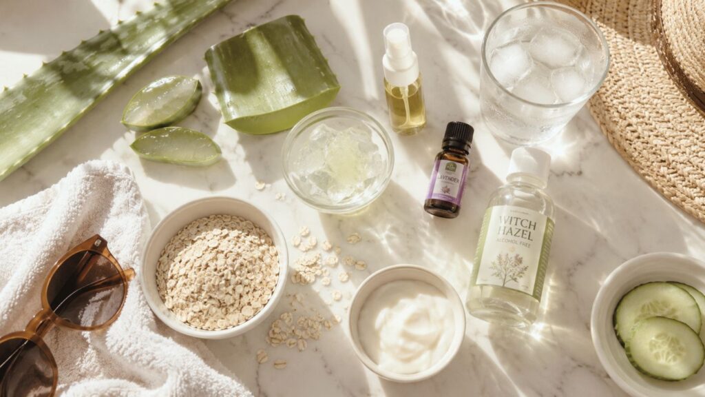 A flat lay of skincare items, including aloe vera, oils, witch hazel, oatmeal, a glass of water, a hat, sunglasses, cucumber slices, rosemary hair oil for hair growth, and a white towel on a marble surface.