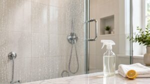 A spray bottle, a lemon half, and a towel sit on a marble counter in front of a glass shower door covered in water spots, with plants and natural light in the background.