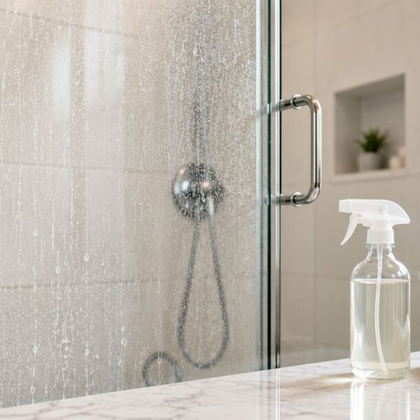 A spray bottle, a lemon half, and a towel sit on a marble counter in front of a glass shower door covered in water spots, with plants and natural light in the background.