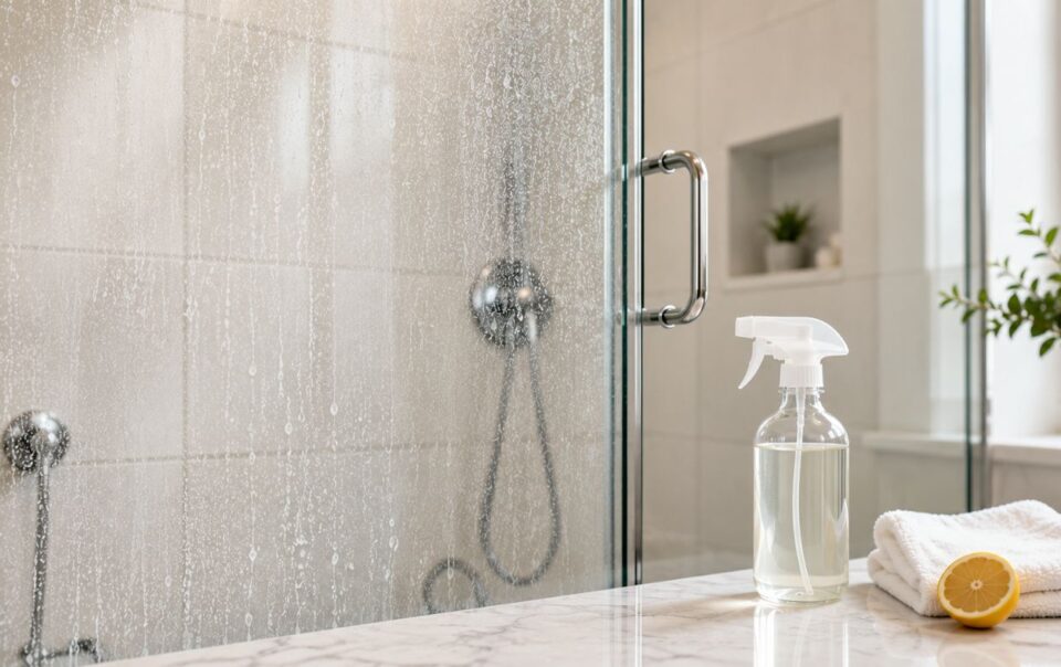 A spray bottle, a lemon half, and a towel sit on a marble counter in front of a glass shower door covered in water spots, with plants and natural light in the background.