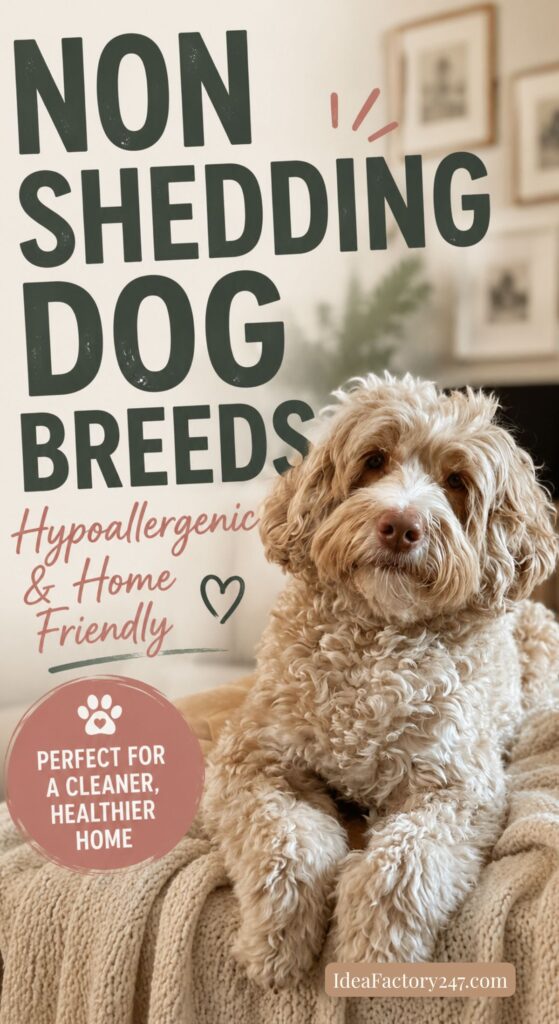 A fluffy, light-brown dog sits on a cozy beige blanket. Text reads: “Non shedding dog breeds. Hypoallergenic Dogs & home friendly. Perfect for a cleaner, healthier home.” Background shows frames and a plant.