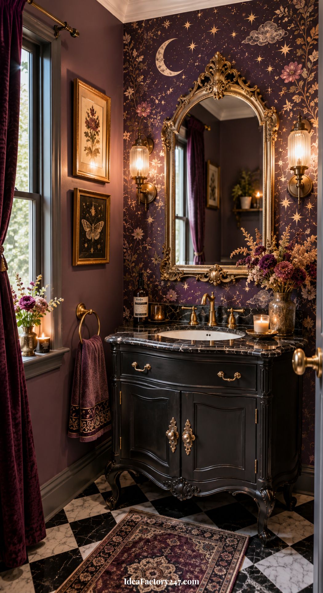 Elegant whimsical bathroom with celestial wallpaper, ornate gold mirror, black vanity with gold details, marble countertop, floral decor, framed art, candles, and vintage lighting. Rich purple tones and a checkerboard floor create a luxurious and enchanting feel.