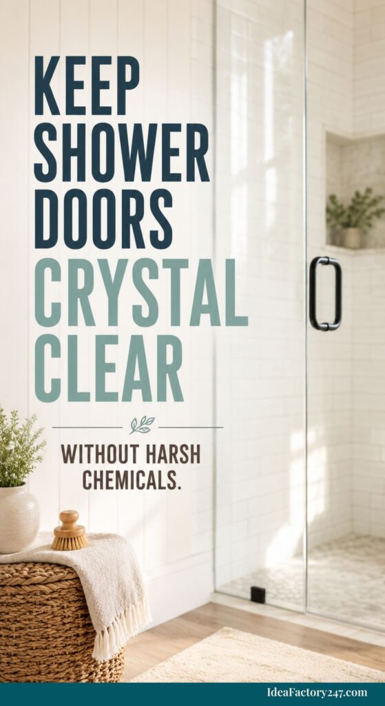 A clear glass shower door in a bright bathroom with text: “Keep shower doors crystal clear without harsh chemicals—even tough hard water stains on shower doors are no match.” A wicker basket, towel, and potted plant are visible.
