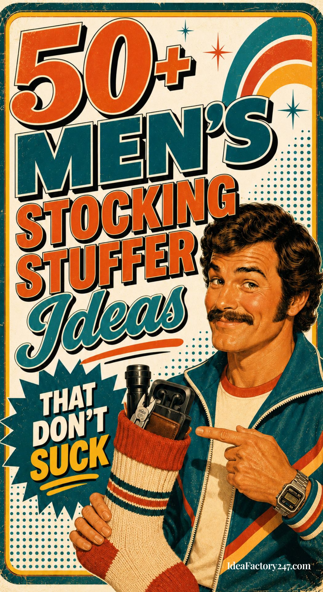 Retro-style poster of a man with a mustache holding a stocking filled with gifts. Text reads: “50+ Men’s Stocking Stuffer Ideas That Don’t Suck.” Colorful stripes and stars in the background highlight the ultimate list of stocking stuffers for men, sure to impress this holiday season.