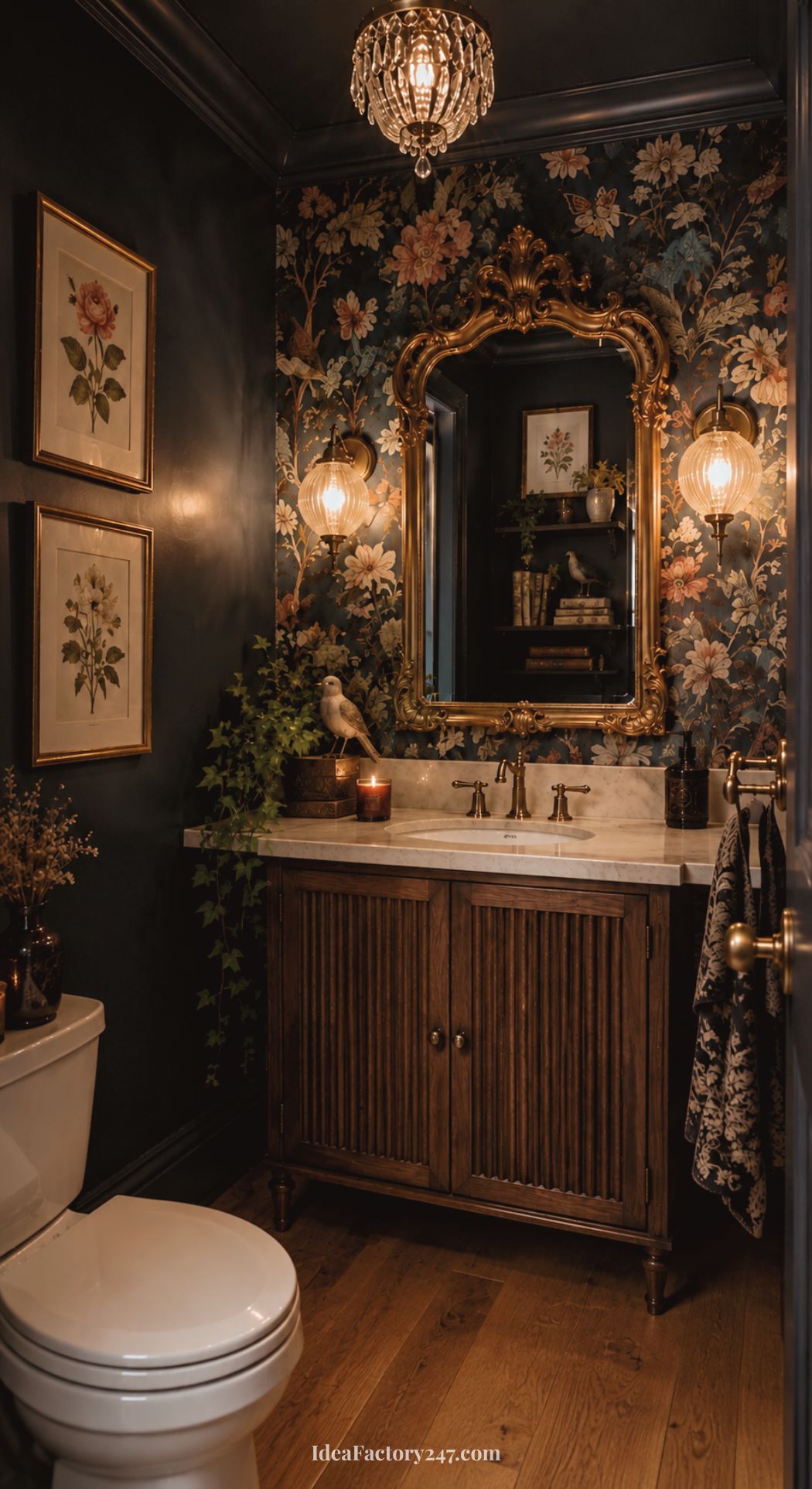 Elegant and whimsical bathroom featuring dark floral wallpaper, a vintage mirror, marble sink, wooden vanity, two wall sconces, chandelier, framed botanical art, potted plants, toilet, and wooden floor—creating a cozy yet sophisticated atmosphere.