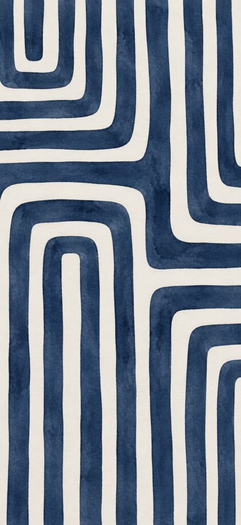Navy blue and white abstract pattern with thick, wavy lines forming a series of connected, irregular rectangles and curves, creating a maze-like design.