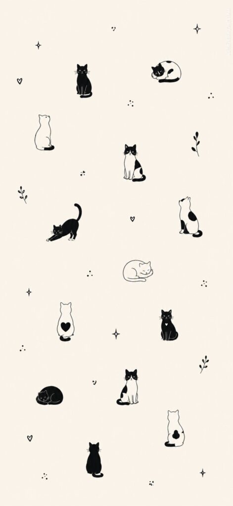 Minimalist illustration of black and white cats in various poses, some with heart-shaped markings on their backs, scattered among small stars, hearts, and leaves on a cream background.