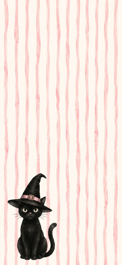 A black cat wearing a witch hat sits in the lower left corner against a background of vertical pink watercolor stripes on a cream backdrop.