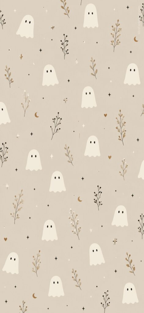 Cute white ghost illustrations with black eyes are scattered on a beige background, surrounded by small sprigs, stars, hearts, and crescent moons in brown tones. The design is whimsical and minimalist.