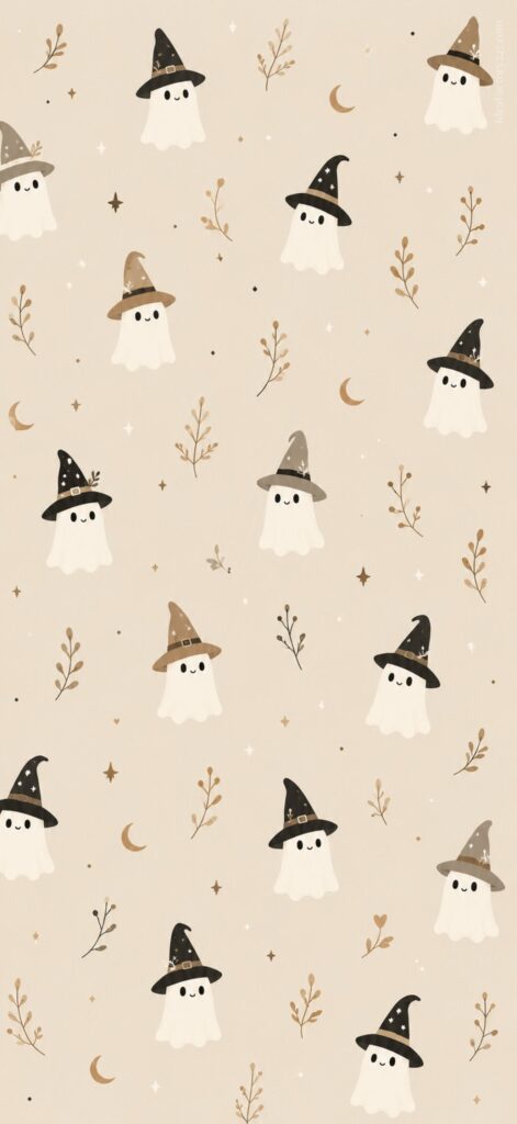 Cute cartoon ghosts wearing witch hats are scattered on a beige background with small stars, moons, leaves, and branches in a simple, whimsical style.