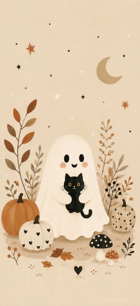 A cute ghost holding a black cat sits among pumpkins, mushrooms, and autumn leaves under a crescent moon and stars on a beige background.