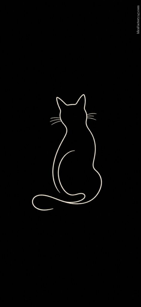 Minimalist white outline of a cat sitting with its tail curled, set against a solid black background. The cat is shown from behind, emphasizing its silhouette and whiskers.