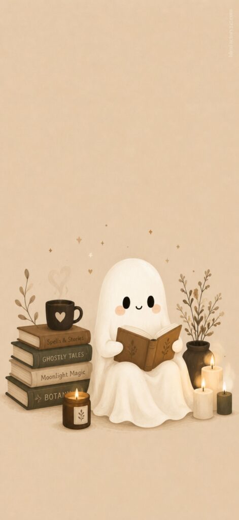 A cute ghost reads a book, surrounded by candles, stacked books, a mug with a heart, and simple plants on a beige background. The scene feels cozy and magical.